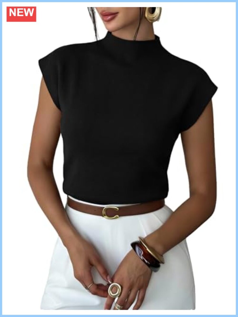 Mock Neck Sleeveless Knit Sweater Vest Cap Sleeve Summer Pullover Top
